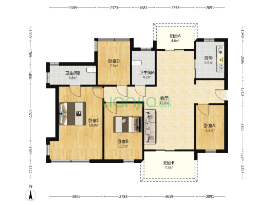 水岸君悦东方 4室1厅2卫 120平方