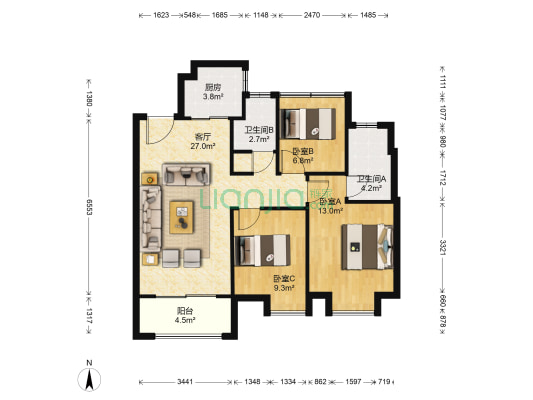 上坤海棠四季 3室1厅2卫 99平方