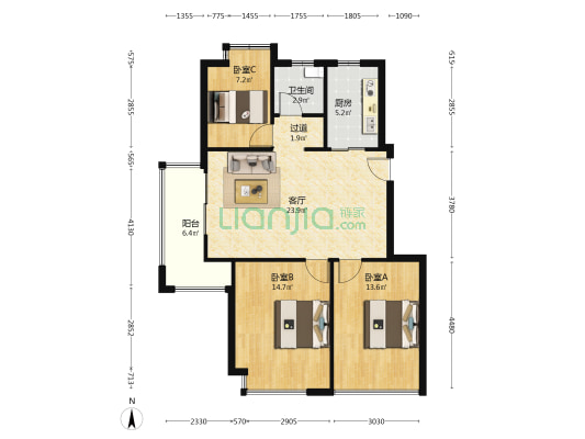 紫爵公寓 3室1厅1卫 90平方
