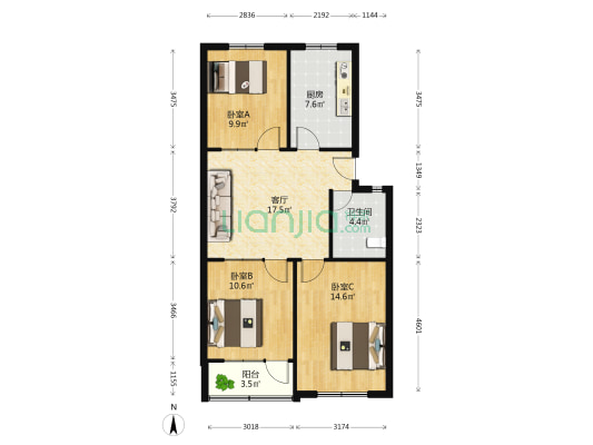 市政府三区 3室1厅1卫 85平方