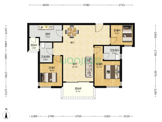 佳兆业云顶梅溪湖1期 3室1厅2卫 110平方