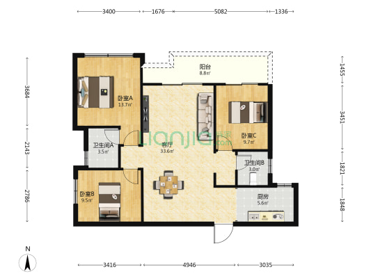 融创北海中心 3室1厅2卫 118平方