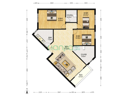 滨河小区 3室1厅2卫 124平方