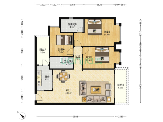 雍晟美景家园 3室1厅2卫 110平方