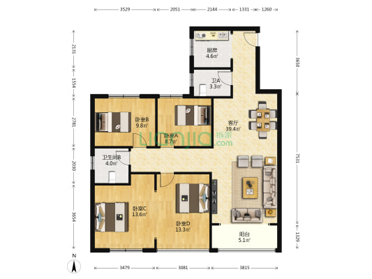 竹园公寓 4室1厅2卫 118平方