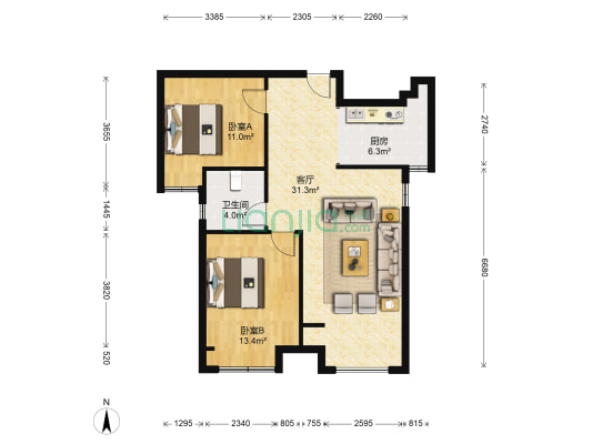 润丰新尚 2室1厅1卫 86平方