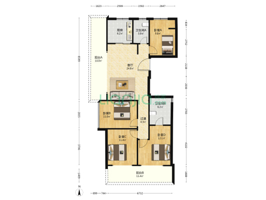 远洋半岛九号 4室1厅2卫 128平方