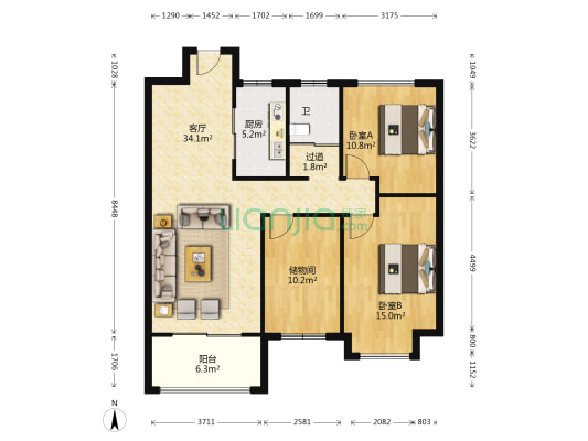 晶宫天悦西区 2室1厅1卫 111平方
