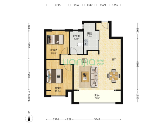 绿地新里奥赛公馆 2室1厅1卫 93平方