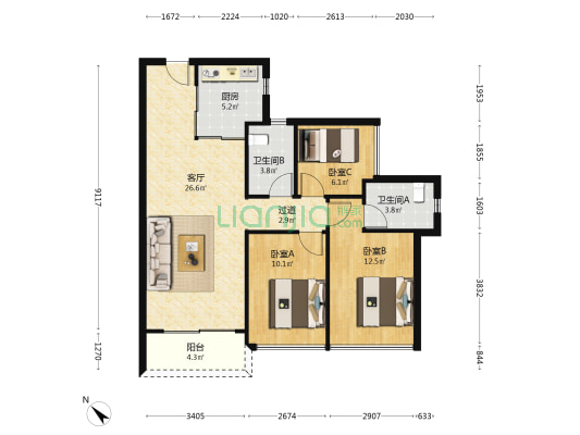 中海闻华里 3室1厅2卫 95平方