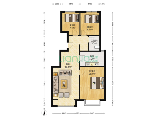 富力城G区 3室1厅1卫 92平方