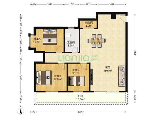 渝青家苑 3室1厅1卫 129平方