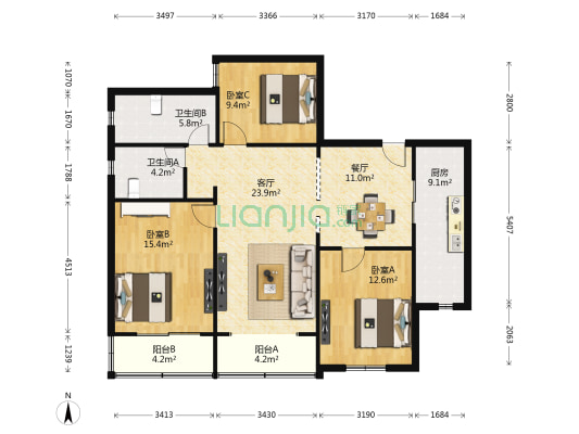 西部大楼 3室2厅2卫 144平方