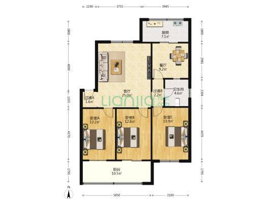 民航医院家属院 3室2厅1卫 110平方
