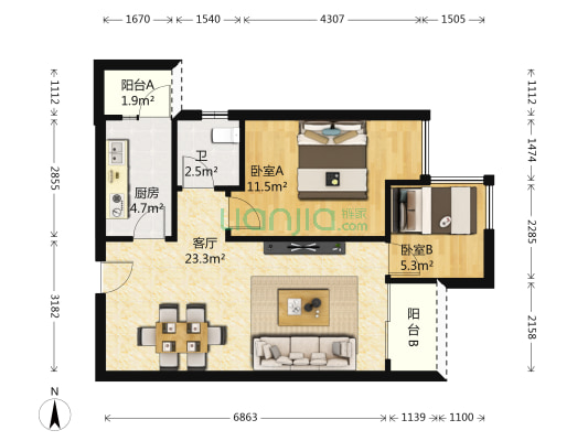 东方明珠 2室1厅1卫 63平方