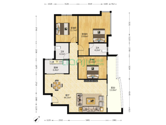 豪逸花园 3室1厅2卫 130平方