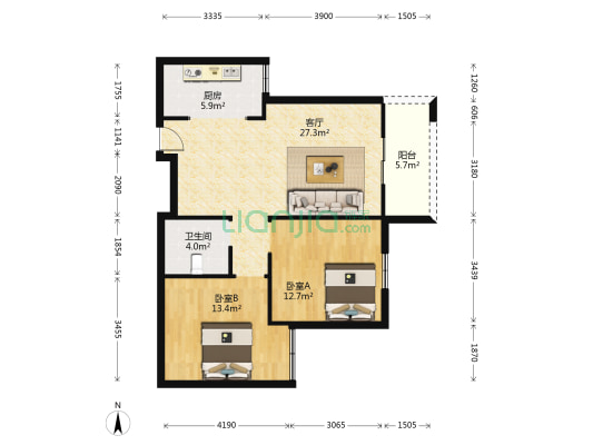 地铁紫阳城 2室1厅1卫 89平方
