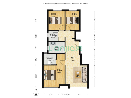 华远二期三居边户 明厨明卫随时看房 好楼层无遮挡-户型图
