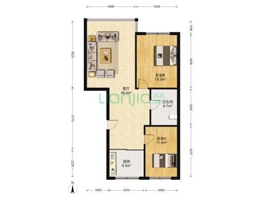 华盛玫瑰港湾南区 2室1厅1卫 108平方