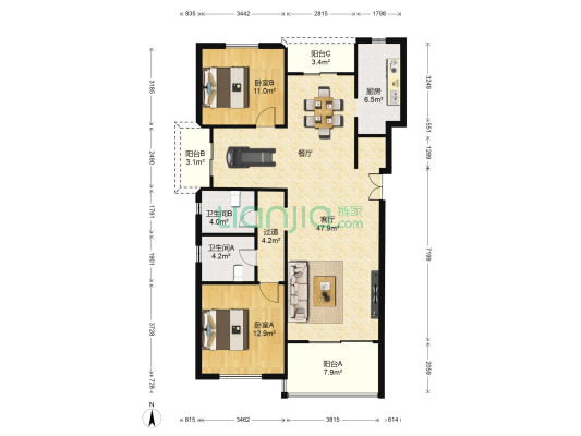 航天公寓二期 2室1厅2卫 136平方