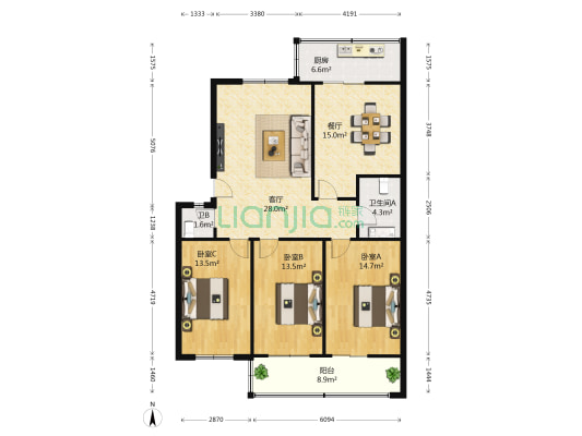 中心院2府庄小区 3室2厅2卫 130平方