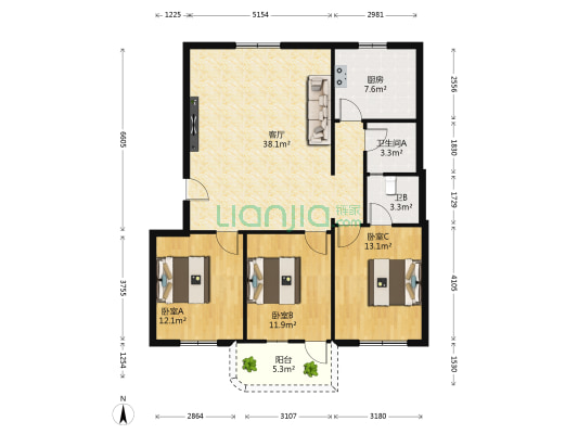 星湖花园 3室1厅2卫 108平方