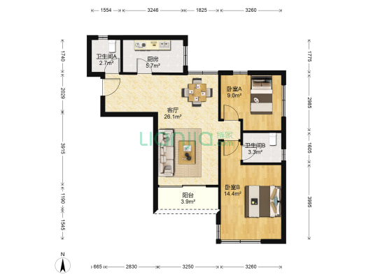 瑞虹新城(一期) 2室1厅2卫 88平方