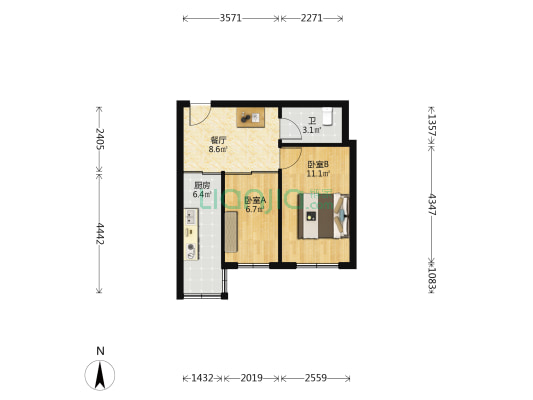 桦树家园二期 2室1厅1卫 57平方