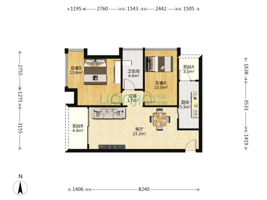 保利天悦公寓 2室1厅1卫 91平方