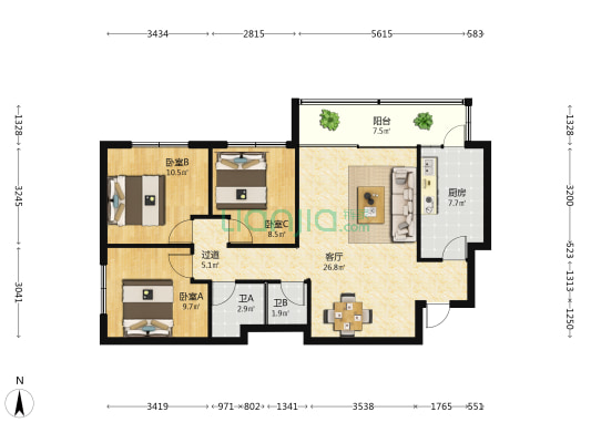 阳光100-S公寓 3室1厅2卫 120平方