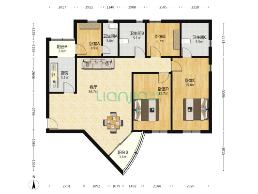 百汇公寓 4室1厅3卫 151平方