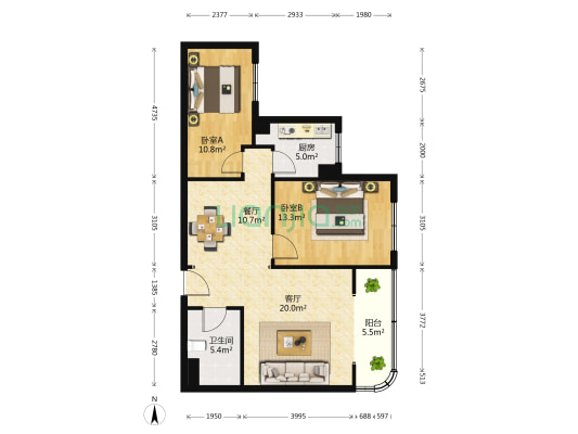 兴亚广场(公寓) 2室2厅1卫 98平方