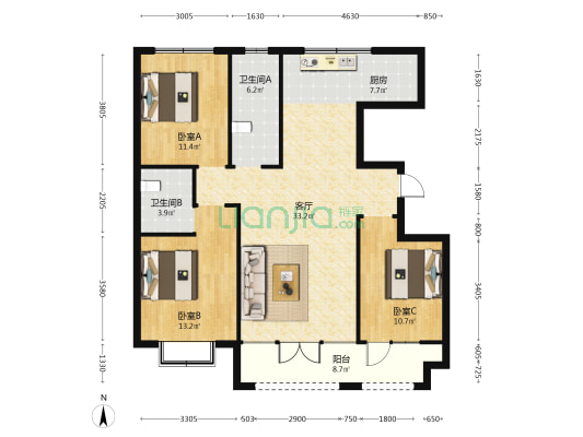 雅柏文一号公馆 3室1厅2卫 121平方