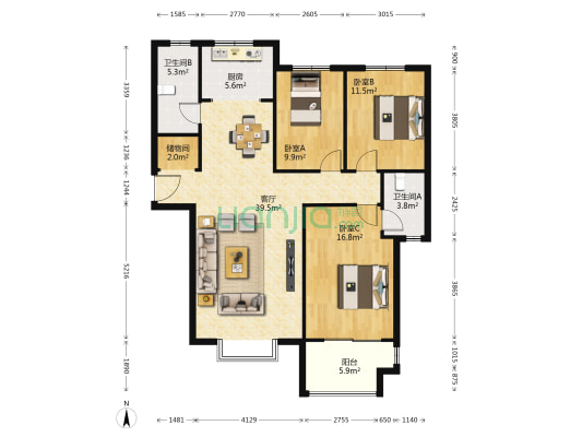 丽晶园 3室1厅2卫 137平方