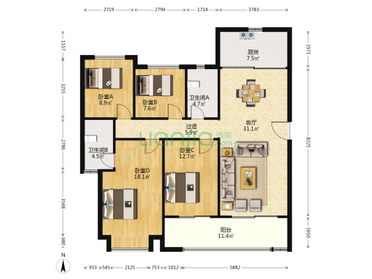 龙湖春江天玺 4室1厅2卫 142平方
