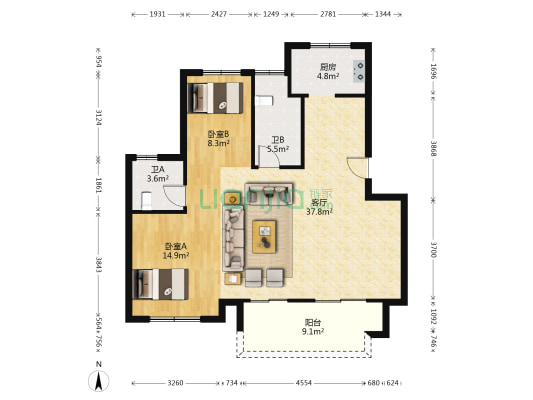 书香名苑 2室1厅2卫 98平方