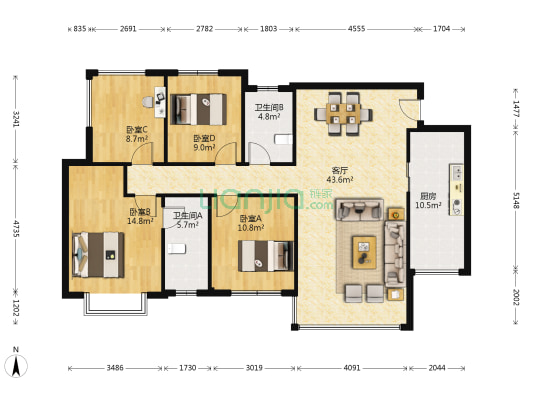 世茂城三期 4室1厅2卫 124平方