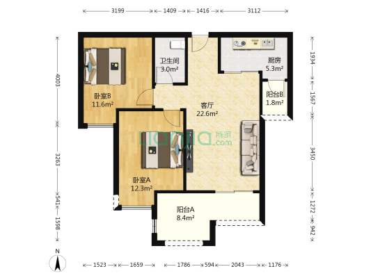 中央公园二组团 2室1厅1卫 80平方