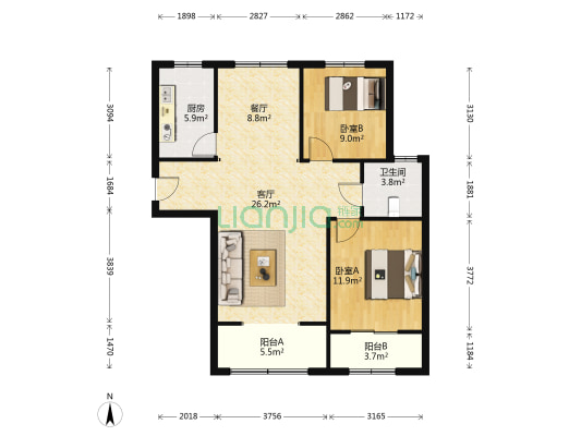 祥云瑞景小区 2室2厅1卫 104平方