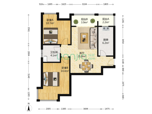 上城国际A区 2室1厅1卫 85平方