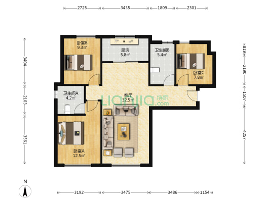 汇莲馨苑 3室1厅2卫 114平方