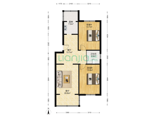 正阳花园 2室2厅1卫 93平方