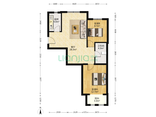领秀慧谷B区 2室1厅1卫 82平方