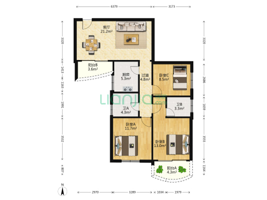 北秀花园 3室1厅2卫 118平方