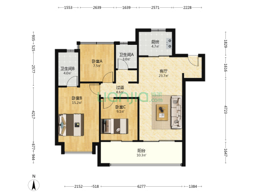 兴港和昌湖畔云栖 3室1厅2卫 108平方