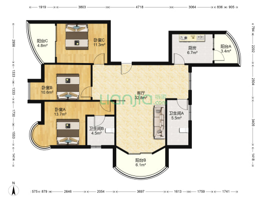 太湖鼎城花园 3室1厅2卫 137平方