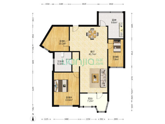 民兴花园二期 3室1厅1卫 119平方