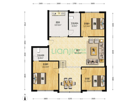 江安西三街6号 3室1厅2卫 134平方