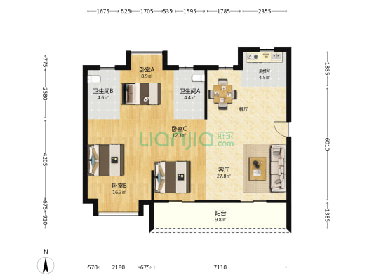 恒宇尚品 3室1厅2卫 108平方