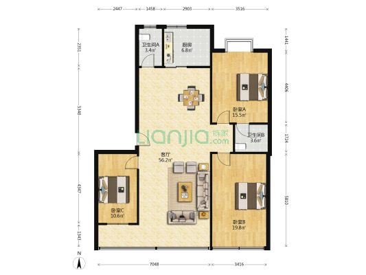 奇石公寓 3室1厅2卫 133平方